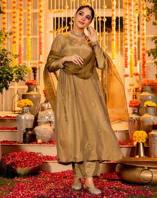 Brown color simmer chanderi partywear stitched suit 3