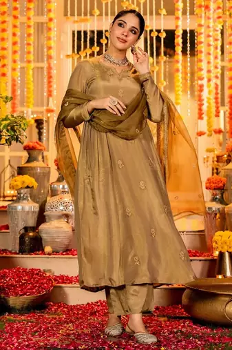 Brown color simmer chanderi partywear stitched suit