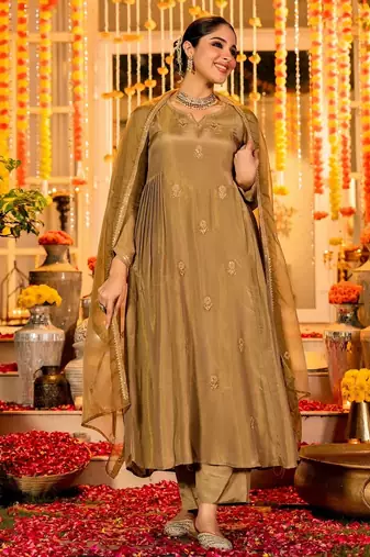 Brown color simmer chanderi partywear stitched suit