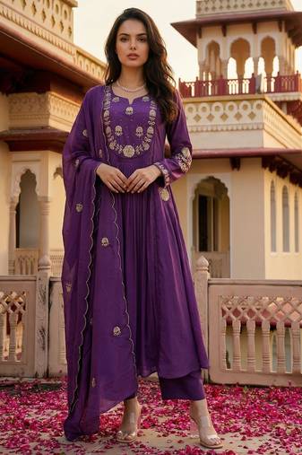 Lavender color chanderi fabric designer partywear stithed suit