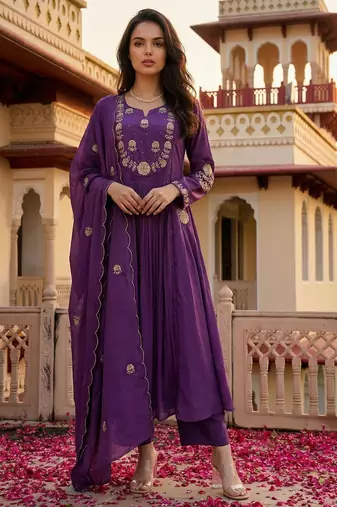 Lavender color chanderi fabric designer partywear stithed suit