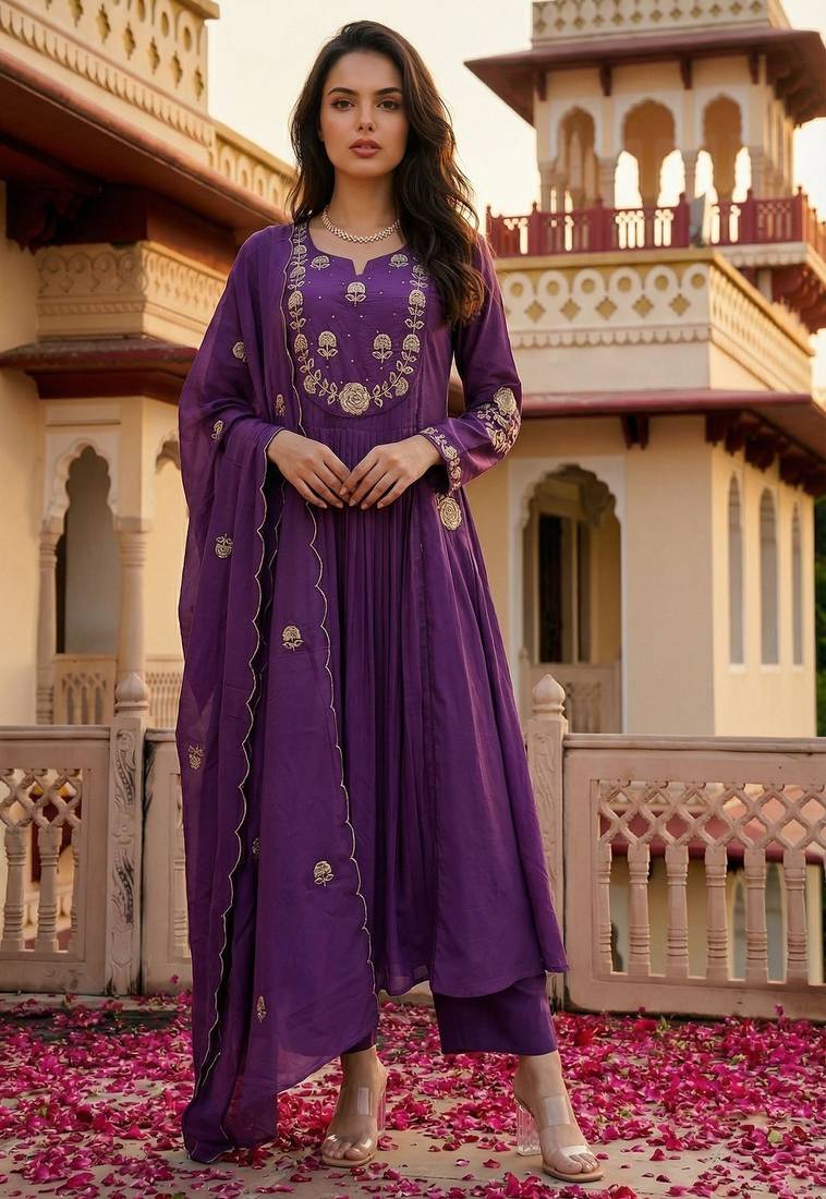 Lavender color chanderi fabric designer partywear stithed suit