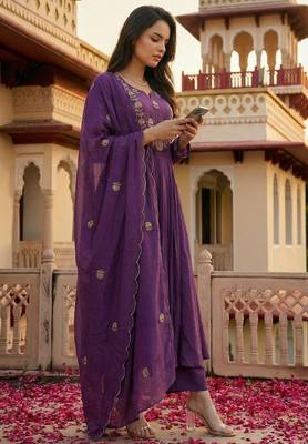 Lavender color chanderi partywear stitched suit 4
