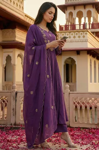 Lavender color chanderi partywear stitched suit