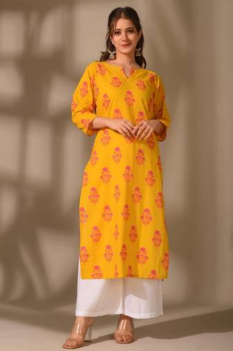 Yellow color cambric cotton fabric ethnic ceremonial designer printed kurti