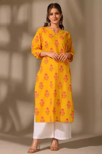 Yellow color cambric cotton fabric ethnic ceremonial designer printed kurti