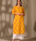 Yellow color cambric cotton fabric ethnic ceremonial designer printed kurti