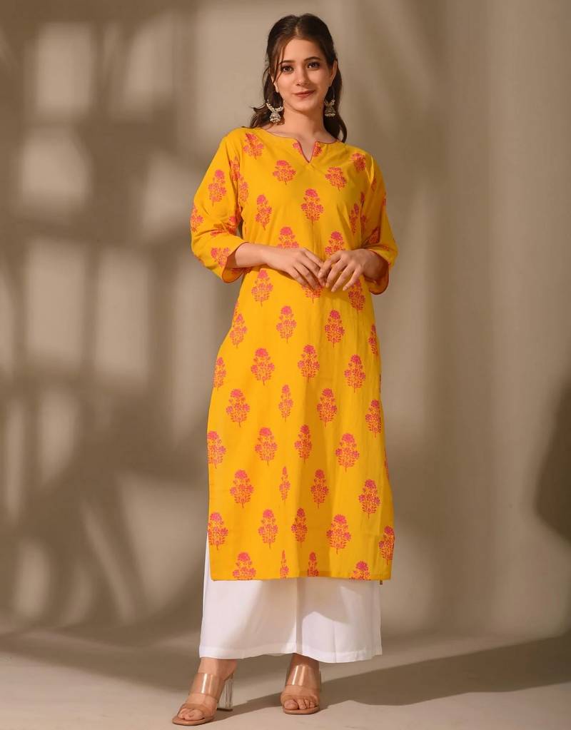 Yellow color cambric cotton fabric ethnic ceremonial designer printed kurti