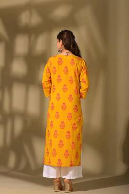 Yellow color cambric cotton ceremonial printed kurti 2