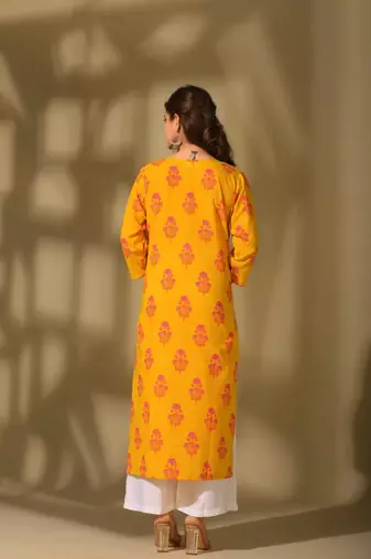 Yellow color cambric cotton ceremonial printed kurti