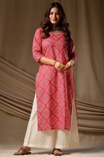 Pink color cambric cotton fabric ethnic ceremonial designer printed kurti