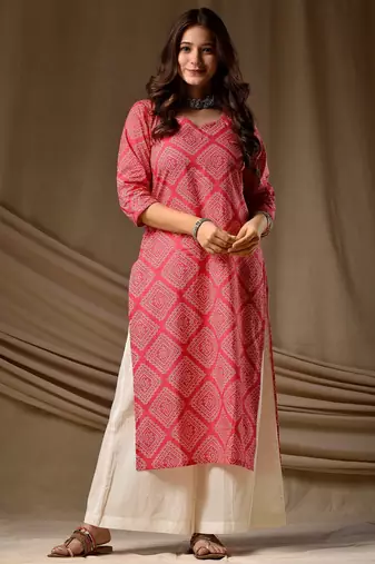 Pink color cambric cotton fabric ethnic ceremonial designer printed kurti