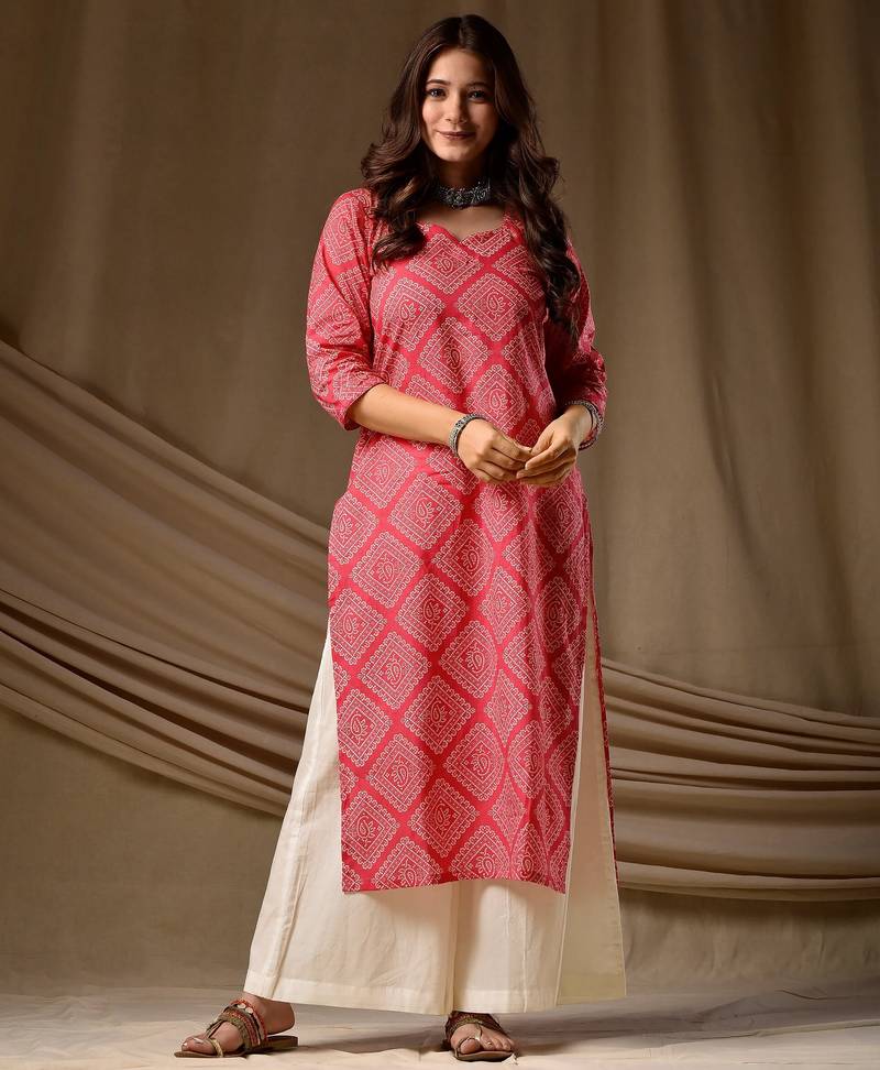 Pink color cambric cotton fabric ethnic ceremonial designer printed kurti