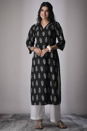 Black color cambric cotton fabric ethnic ceremonial designer printed kurti