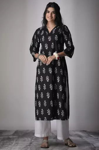 Black color cambric cotton fabric ethnic ceremonial designer printed kurti