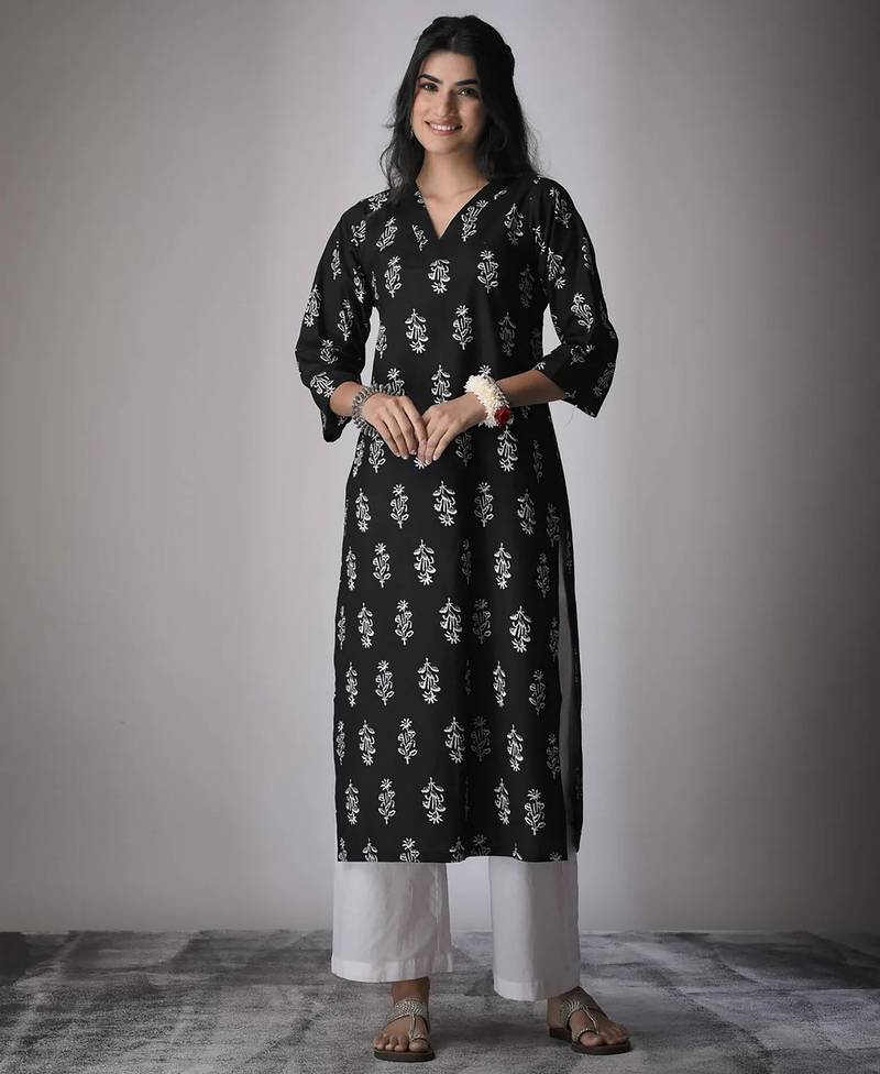 Black color cambric cotton fabric ethnic ceremonial designer printed kurti