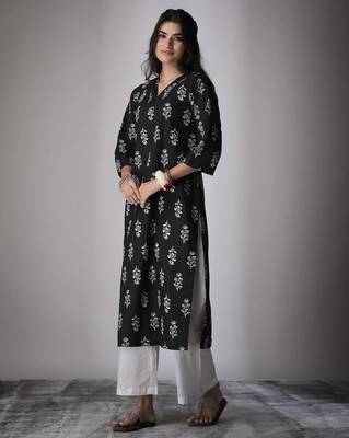Black color cambric cotton ceremonial printed kurti 2