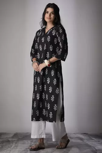 Black color cambric cotton ceremonial printed kurti