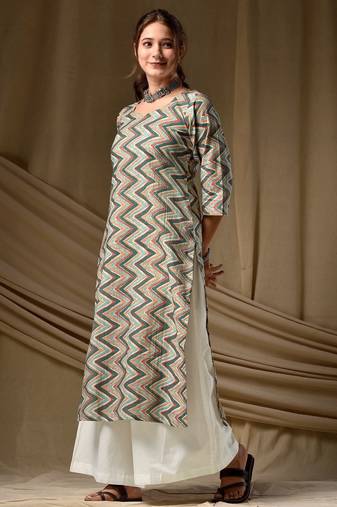 Green color cambric cotton fabric ethnic ceremonial designer printed kurti