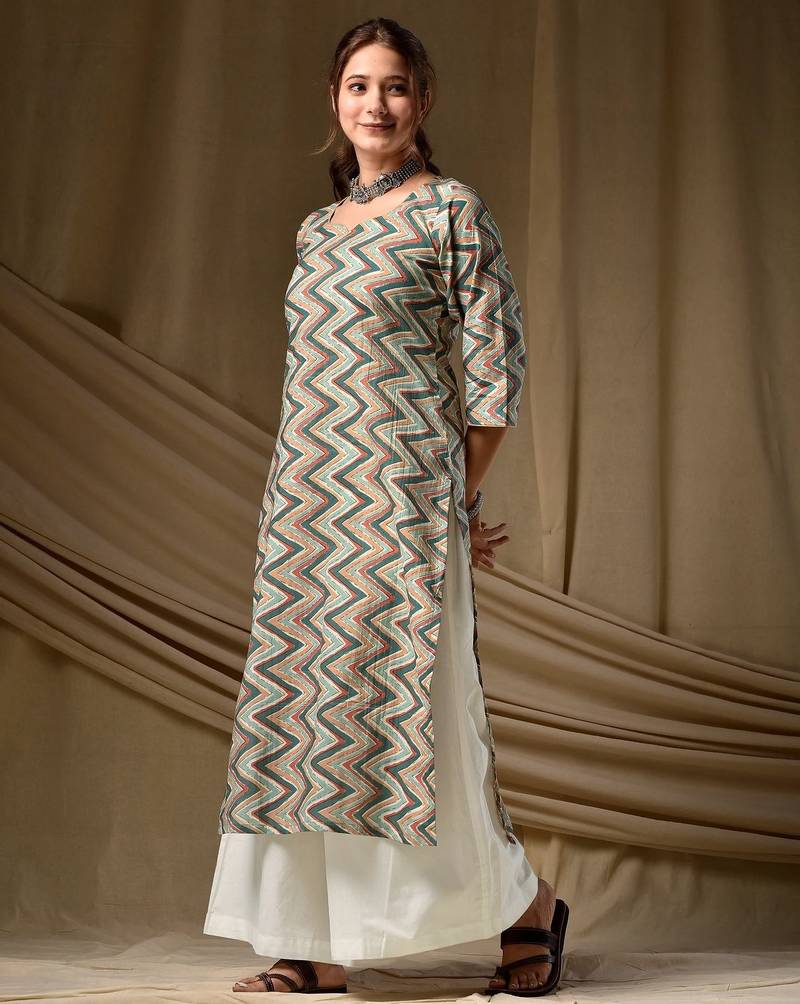 Green color cambric cotton fabric ethnic ceremonial designer printed kurti