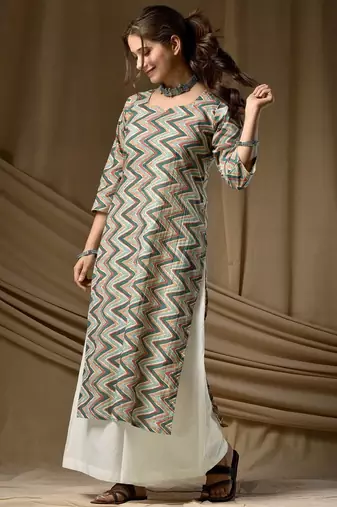 Green color cambric cotton ceremonial printed kurti