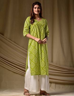 Mahendi color cambric cotton ceremonial printed kurti 1