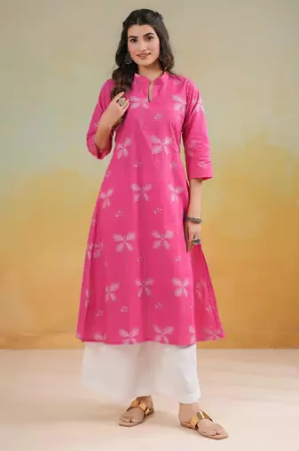 Pink color cambric cotton fabric ethnic ceremonial designer printed kurti