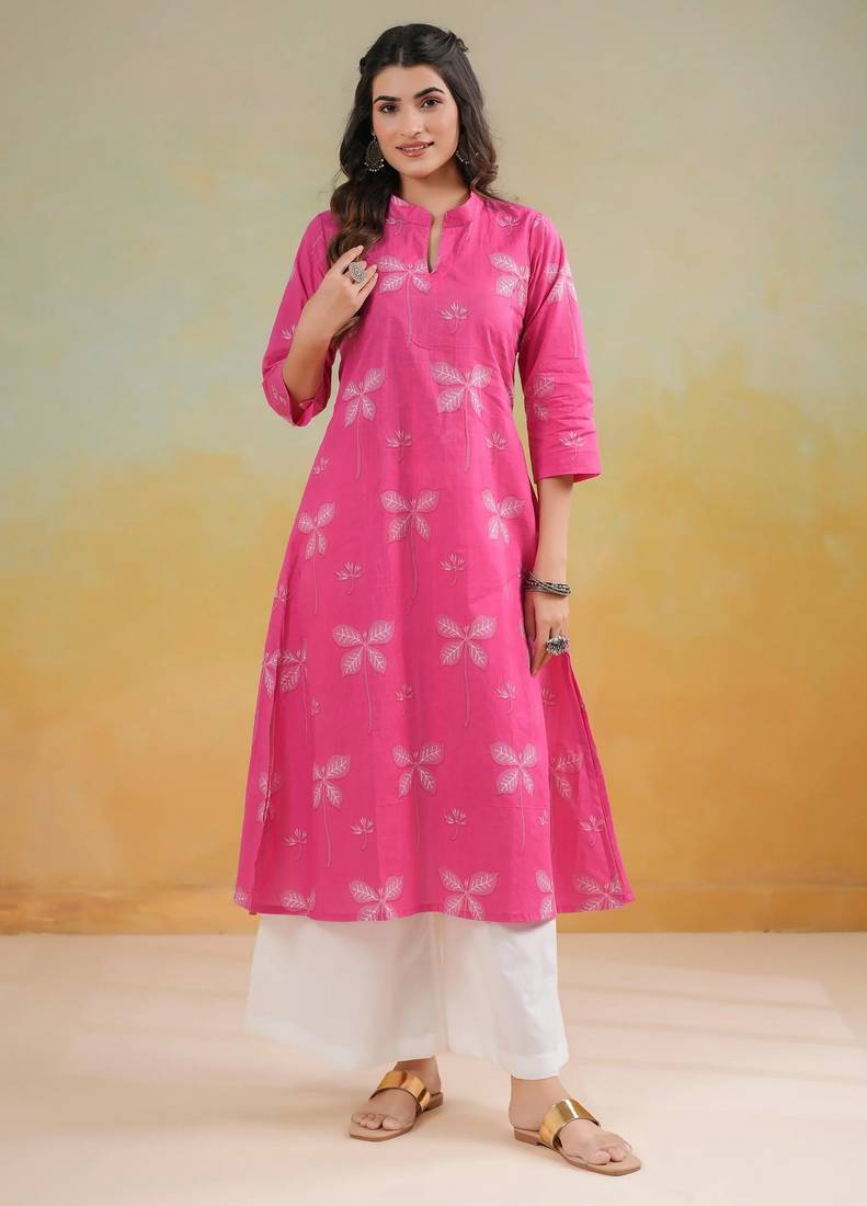 Pink color cambric cotton fabric ethnic ceremonial designer printed kurti