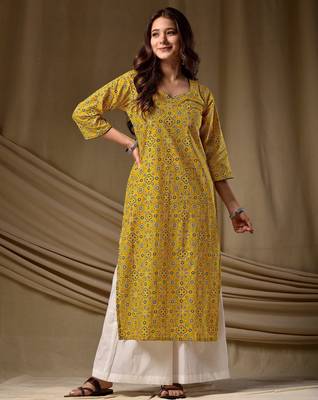 Mustard color cambric cotton ceremonial printed kurti 1