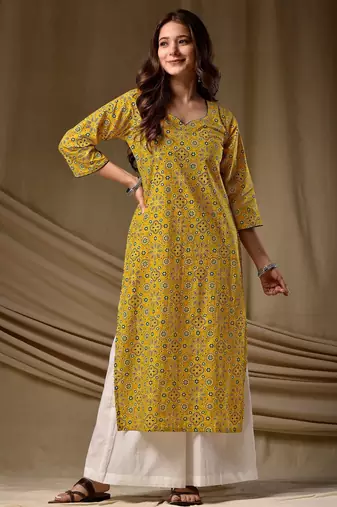 Mustard color cambric cotton fabric ethnic ceremonial designer printed kurti