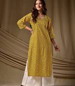Mustard color cambric cotton fabric ethnic ceremonial designer printed kurti
