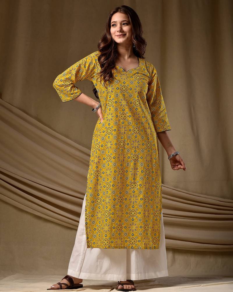 Mustard color cambric cotton fabric ethnic ceremonial designer printed kurti