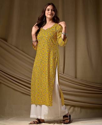 Mustard color cambric cotton ceremonial printed kurti 2