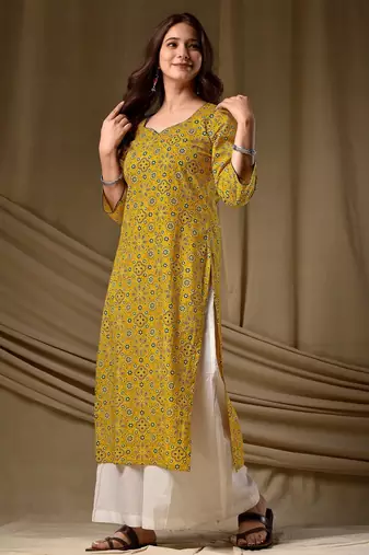 Mustard color cambric cotton ceremonial printed kurti