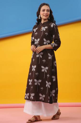 Coffee color cambric cotton fabric ethnic ceremonial designer printed kurti