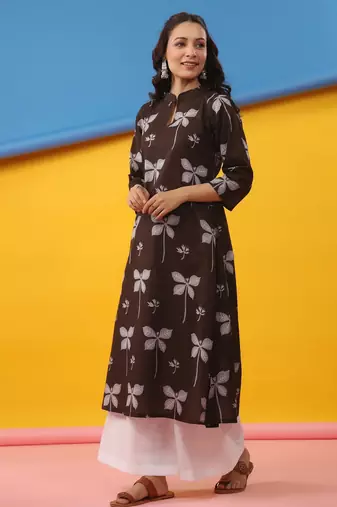 Coffee color cambric cotton fabric ethnic ceremonial designer printed kurti
