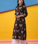 Coffee color cambric cotton fabric ethnic ceremonial designer printed kurti