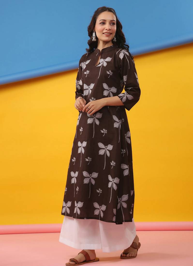 Coffee color cambric cotton fabric ethnic ceremonial designer printed kurti