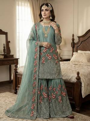 Green color bollywood style fendy silk heavy sequins sharara dress 1