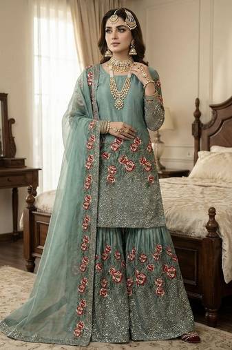Green color bollywood style fendy silk fabric heavy sequins work sharara dress