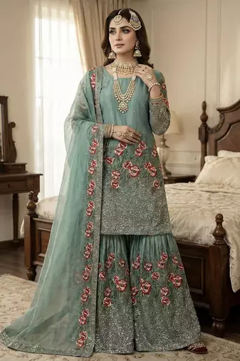 Green color bollywood style fendy silk fabric heavy sequins work sharara dress