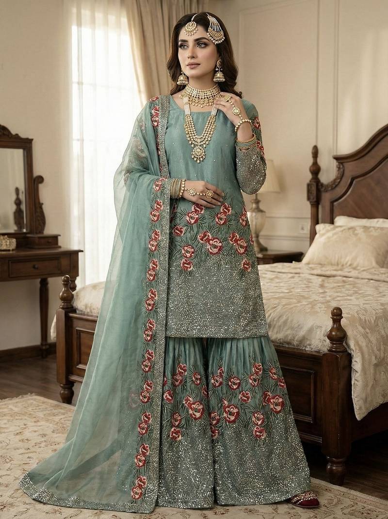 Green color bollywood style fendy silk fabric heavy sequins work sharara dress