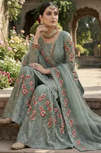 Green color bollywood style fendy silk heavy sequins sharara dress