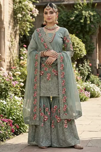 Green color bollywood style fendy silk heavy sequins sharara dress