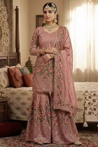 Pink color bollywood style fendy silk fabric heavy sequins work sharara dress