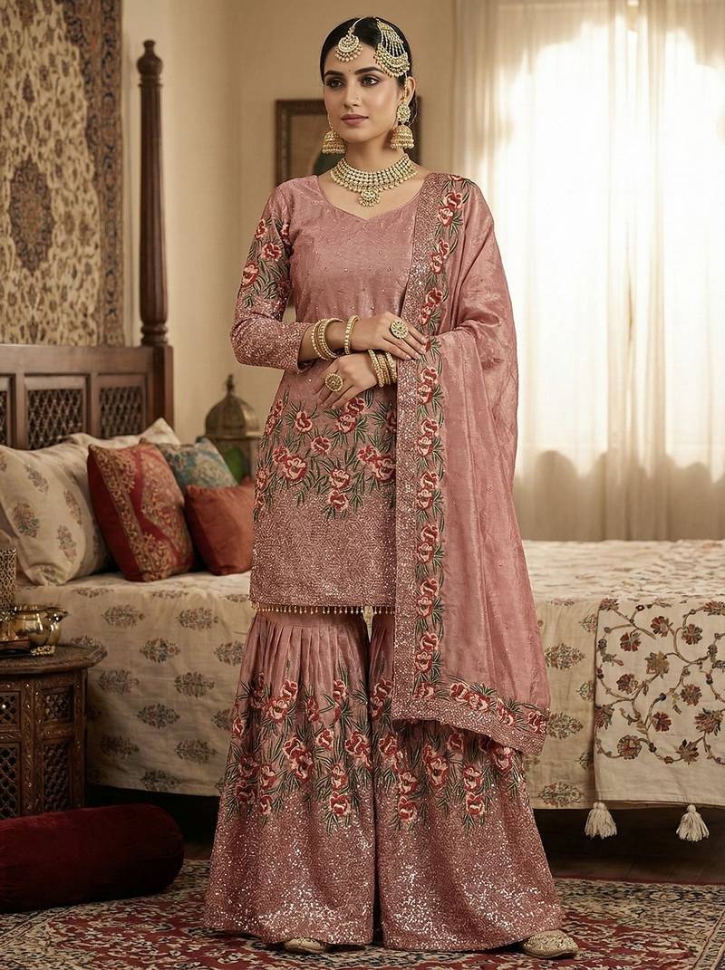 Pink color bollywood style fendy silk fabric heavy sequins work sharara dress