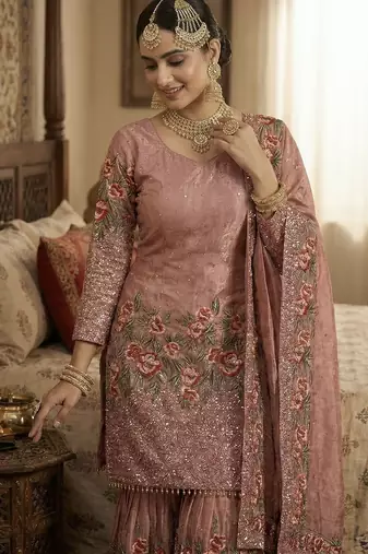 Pink color bollywood style fendy silk heavy sequins sharara dress
