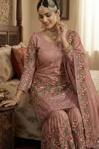 Pink color bollywood style fendy silk heavy sequins sharara dress