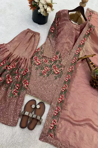 Pink color bollywood style fendy silk heavy sequins sharara dress
