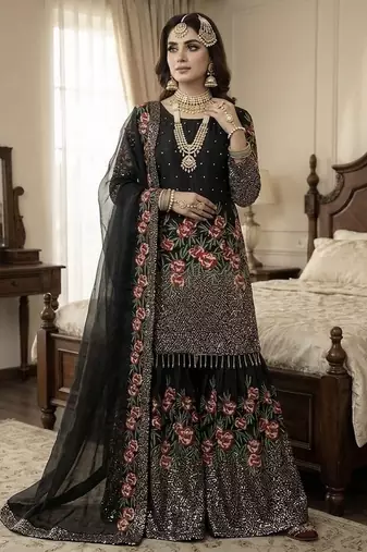Black color bollywood style fendy silk fabric heavy sequins work sharara dress